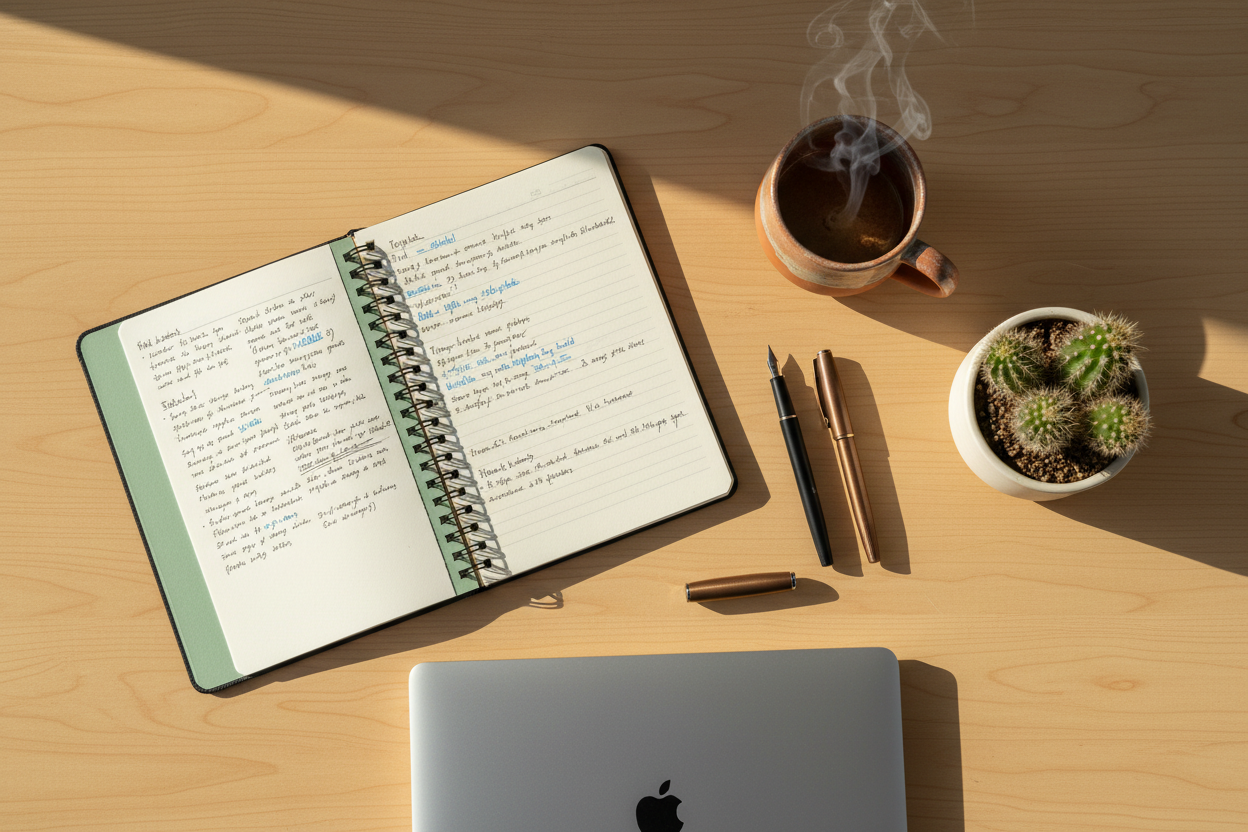 Business and Entrepreneurship collection hero, clean wooden conference table with notebooks and pens