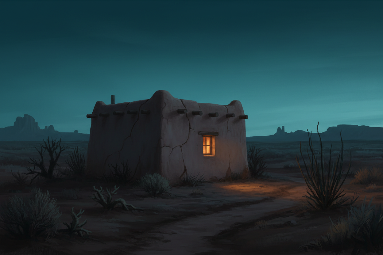 Adobe casita at dusk in northern New Mexico, single warm lamp in a small window, atmospheric Southwest Gothic setting for The Mother I Did Not Know by K.B. Cordova