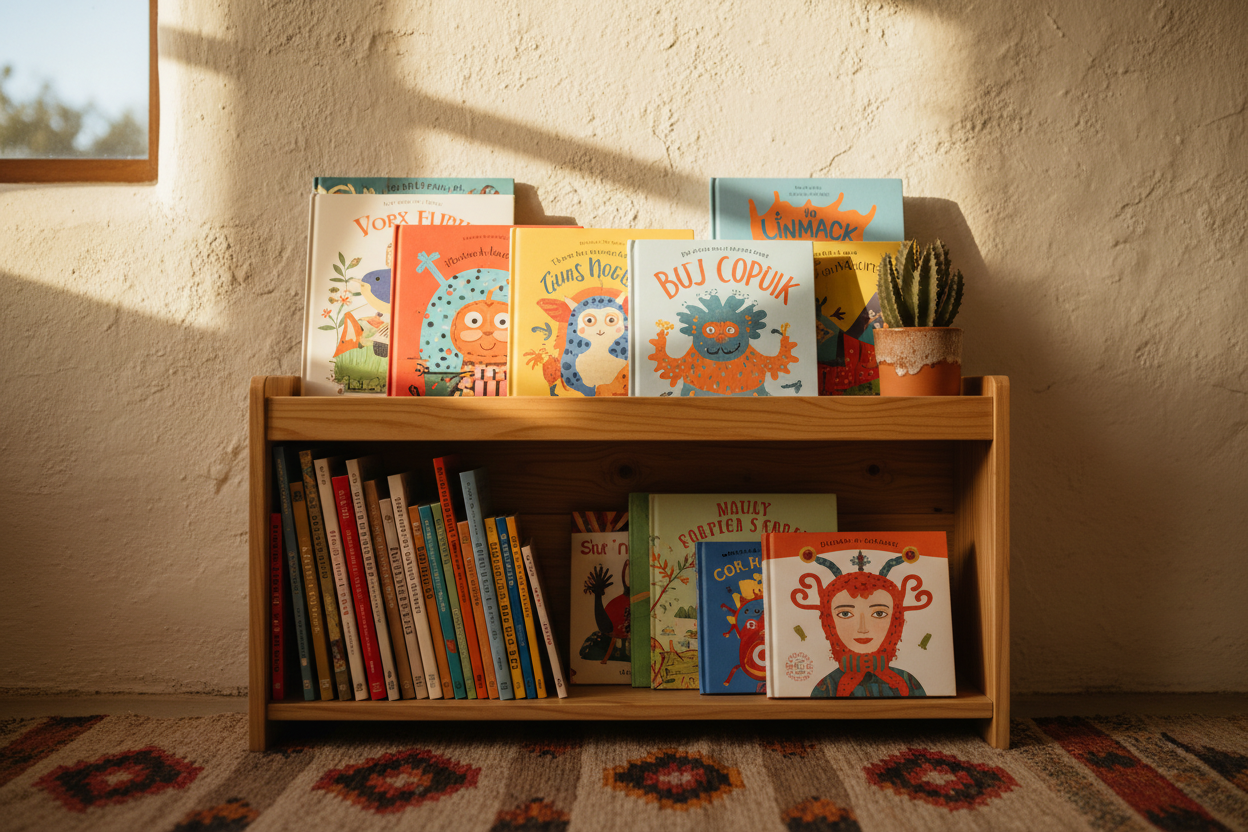 Children's Books collection hero, small wooden bookshelf overflowing with picture books, for the Young Legends Collection by Liam Cruz