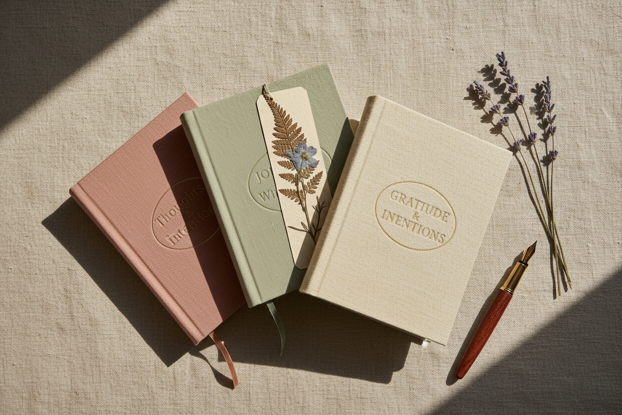 Journals and Keepsakes collection hero, flat lay of three cloth-bound journals with pressed flower bookmark, by Cordova Creations