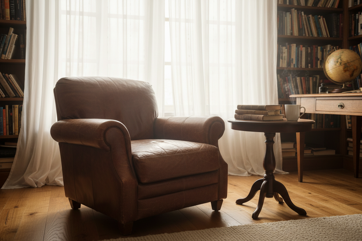 Leadership and Growth collection hero, worn leather chair beside a tall window in a study, for The Growth Leader Collection by Kimberly Burk Cordova