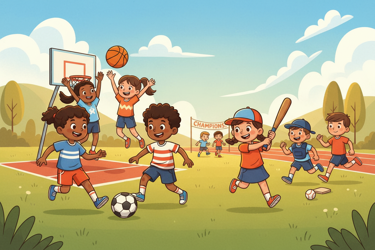 Young Legends Collection: illustrated banner of kids playing soccer, basketball, baseball and track