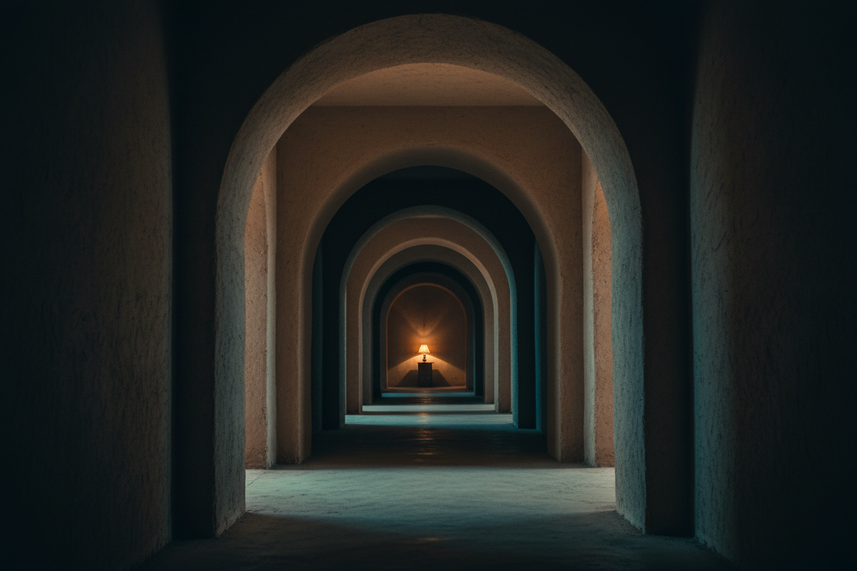 Psychological Suspense collection hero, long empty adobe hallway with arched doorways for The Casita Series by K.B. Cordova