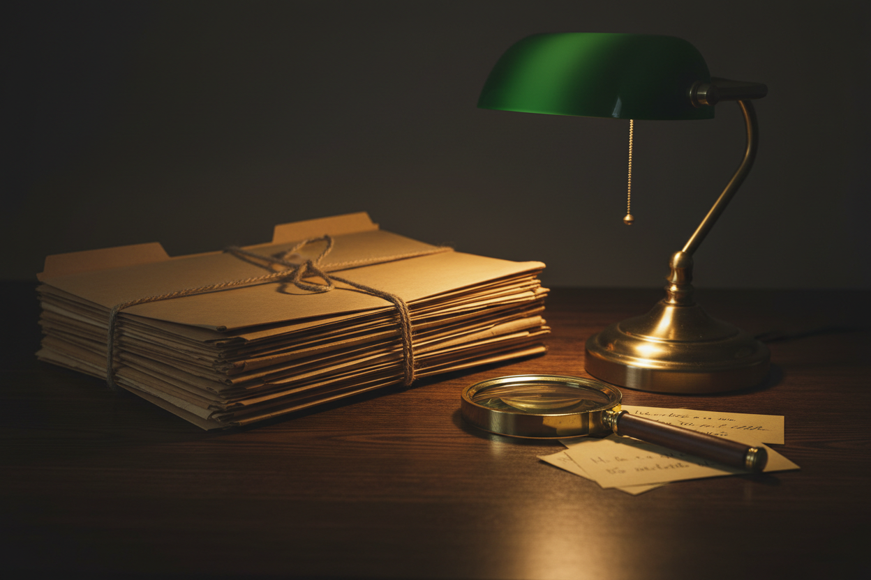 True Crime collection hero, vintage manila evidence folders on a wooden desk with brass lamp, for the Shadows of the Past series by Eliza Hawthorne