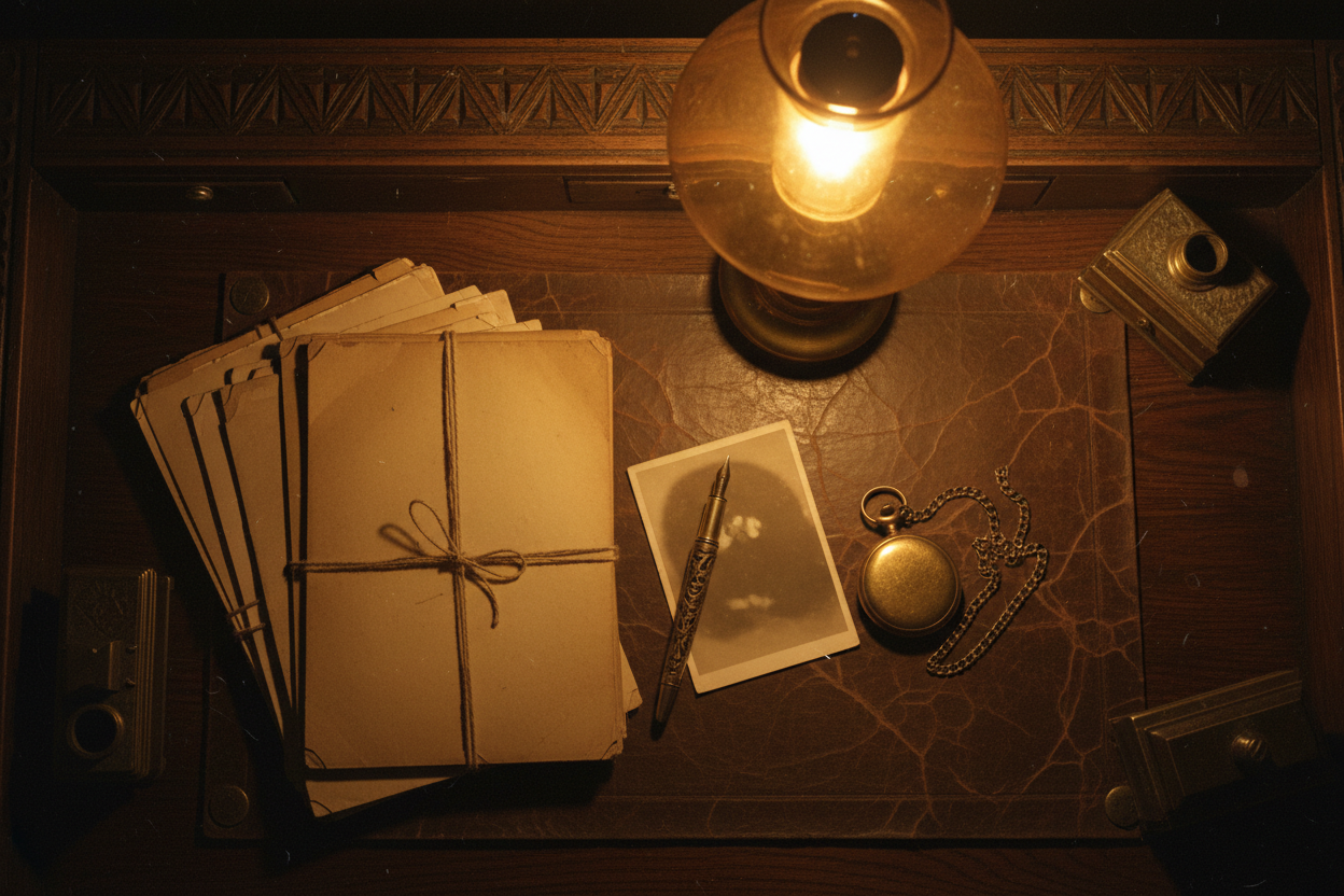 Shadows of the Past true crime series hero, vintage evidence folders on a wooden desk