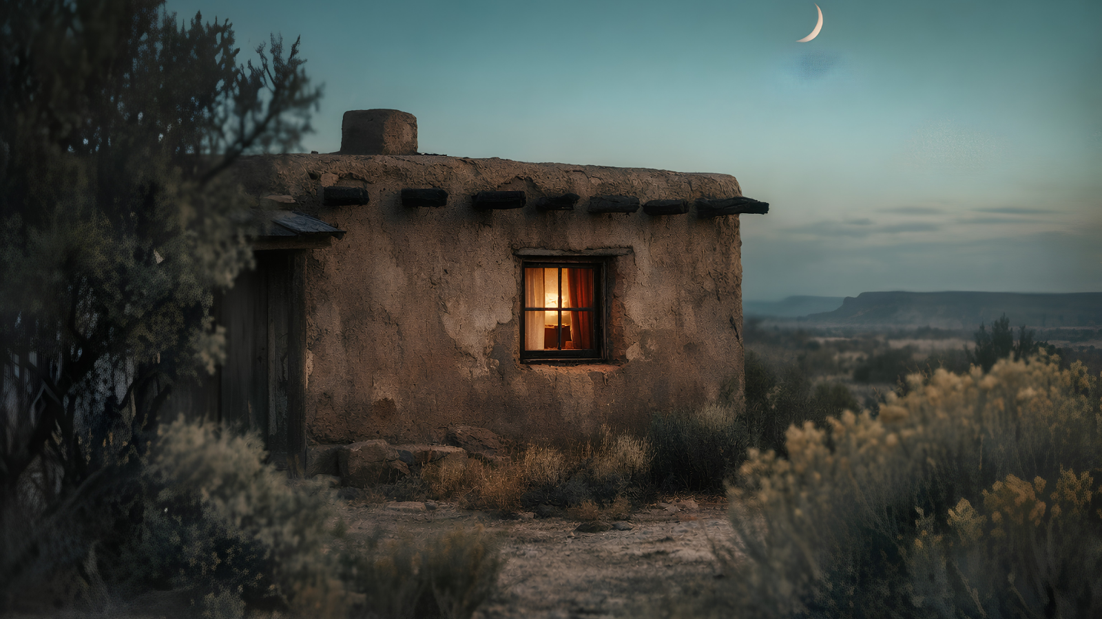 Adobe casita at dusk in northern New Mexico, single warm lamp in a small window, atmospheric Southwest Gothic setting for The Mother I Did Not Know by K.B. Cordova