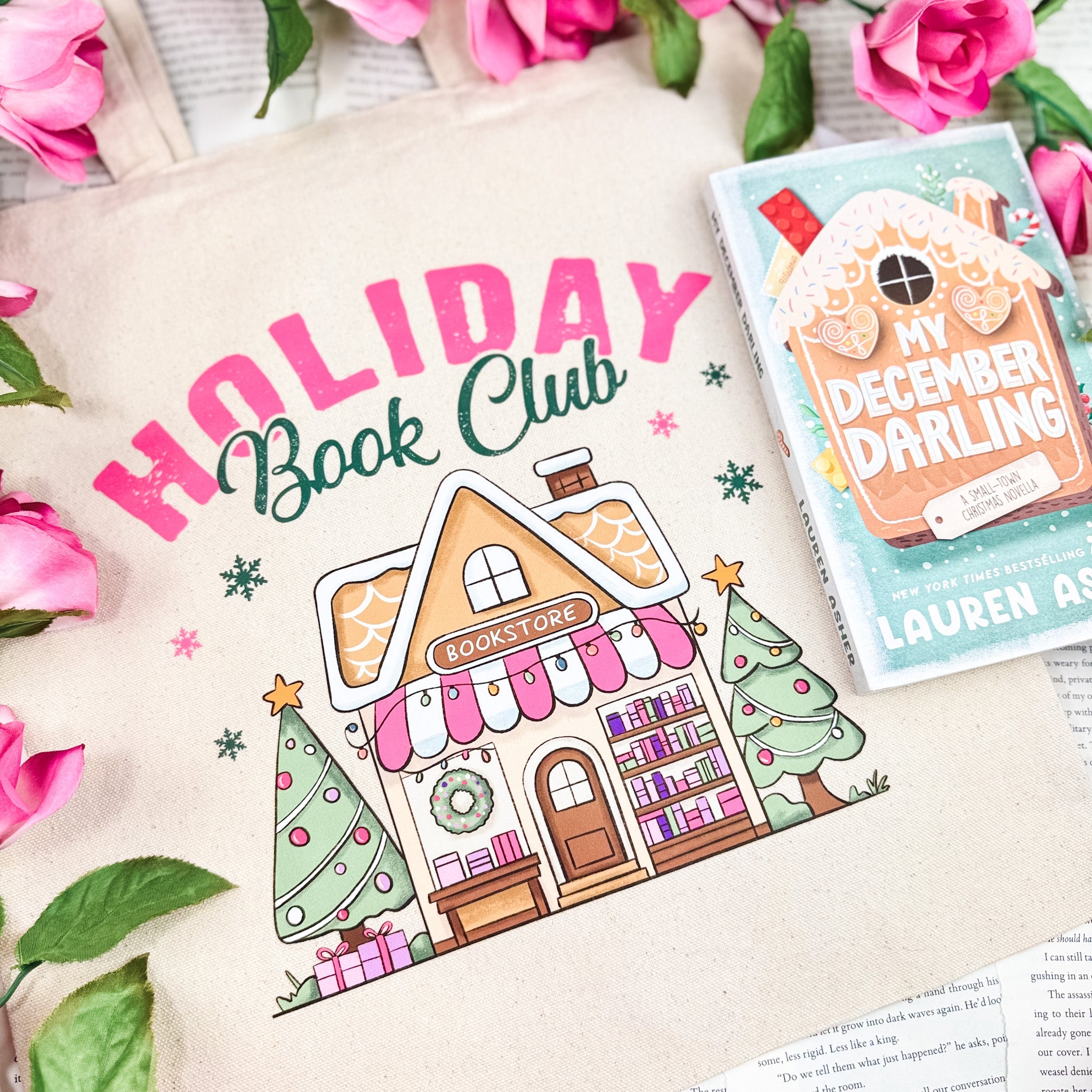 Holiday Book Club Bookstore canvas tote bag