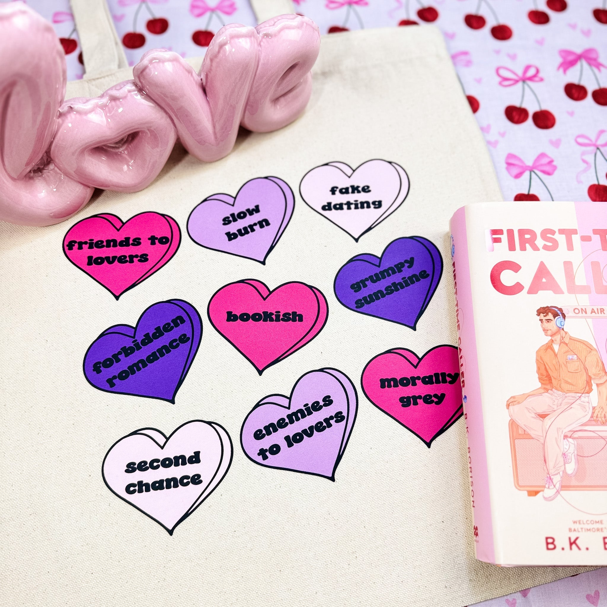 Bookish Tropes Candy Hearts canvas tote bag