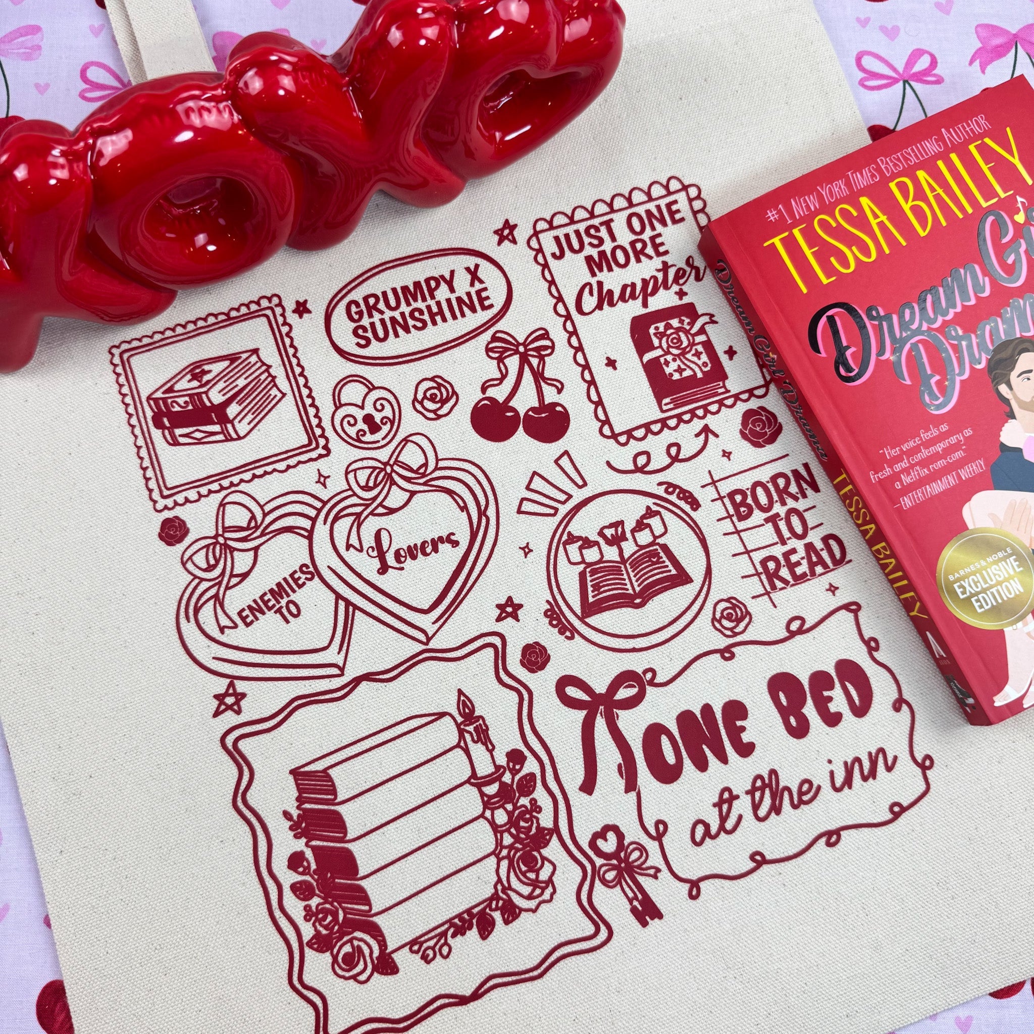 Bookish Romance Tropes canvas tote bag