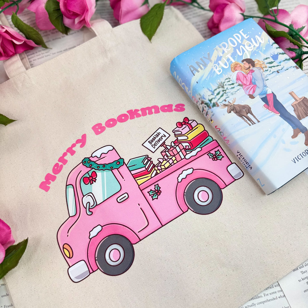 Merry Bookmas Holiday Book Truck canvas tote bag