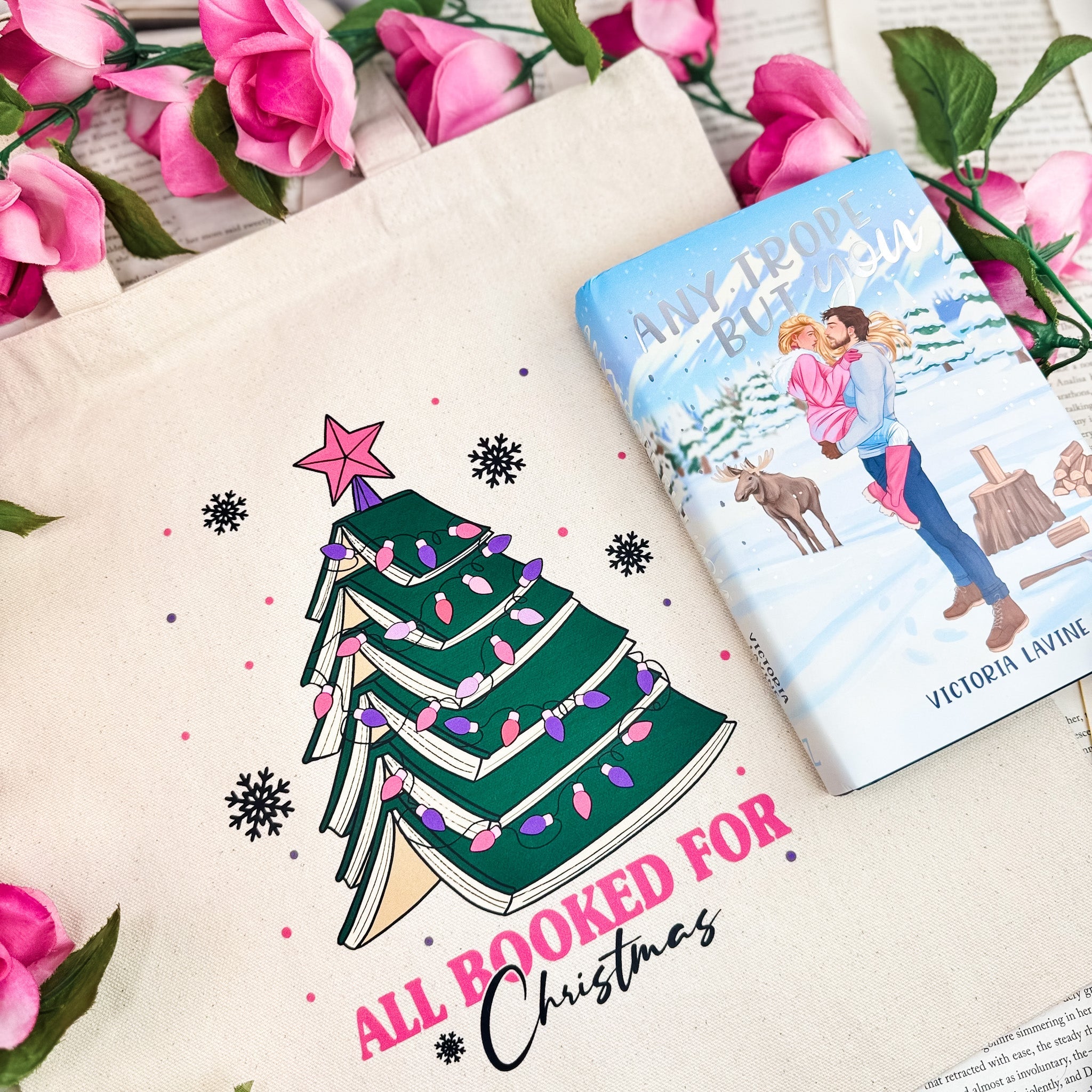 All Booked for Christmas canvas tote bag