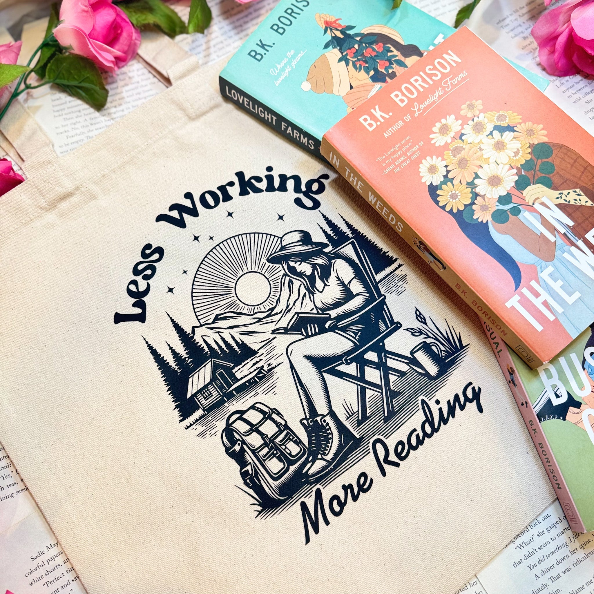 Less Working More Reading canvas tote bag, view 2