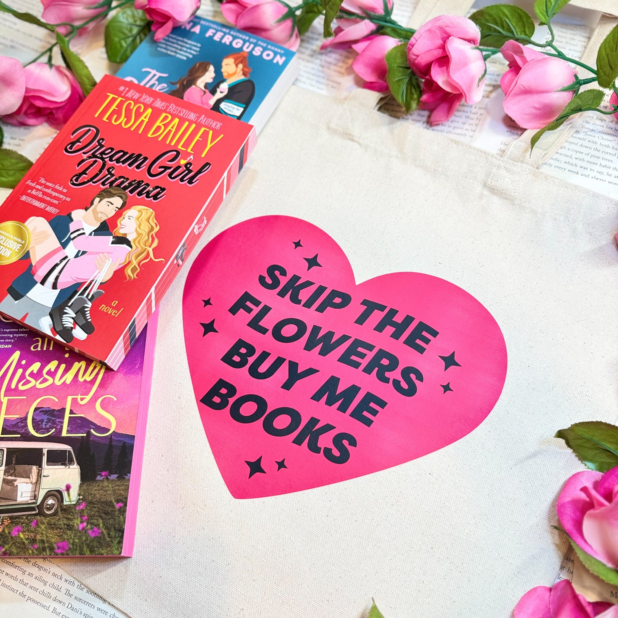 Skip the Flowers Buy Me Books canvas tote bag