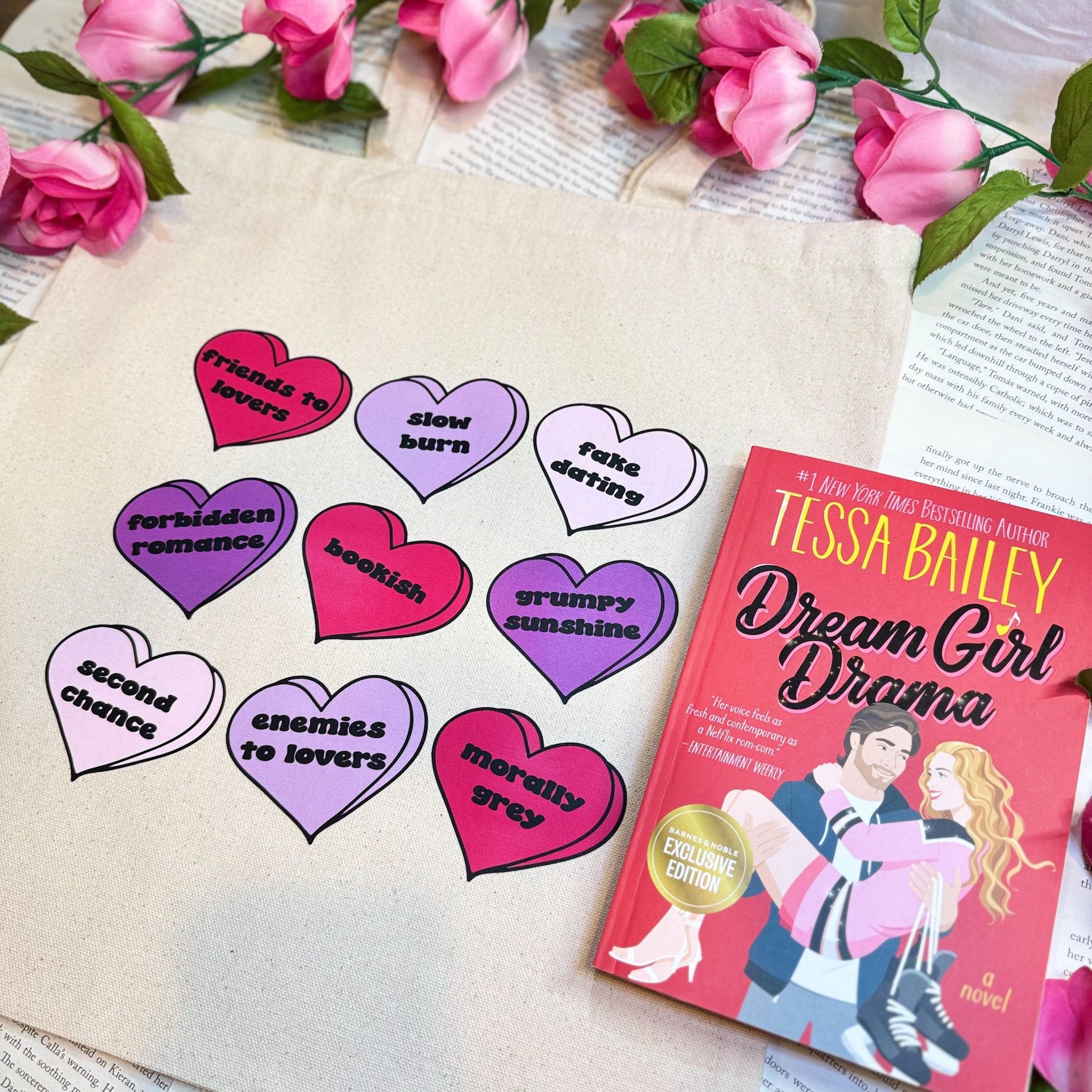 Bookish Tropes Candy Hearts canvas tote bag, view 3