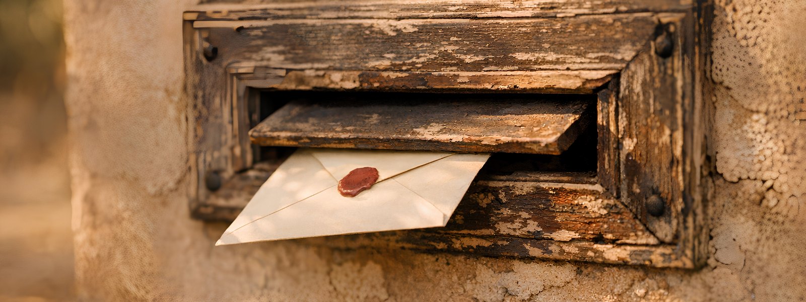 Newsletter signup background, weathered wooden mail slot in adobe wall with a single envelope