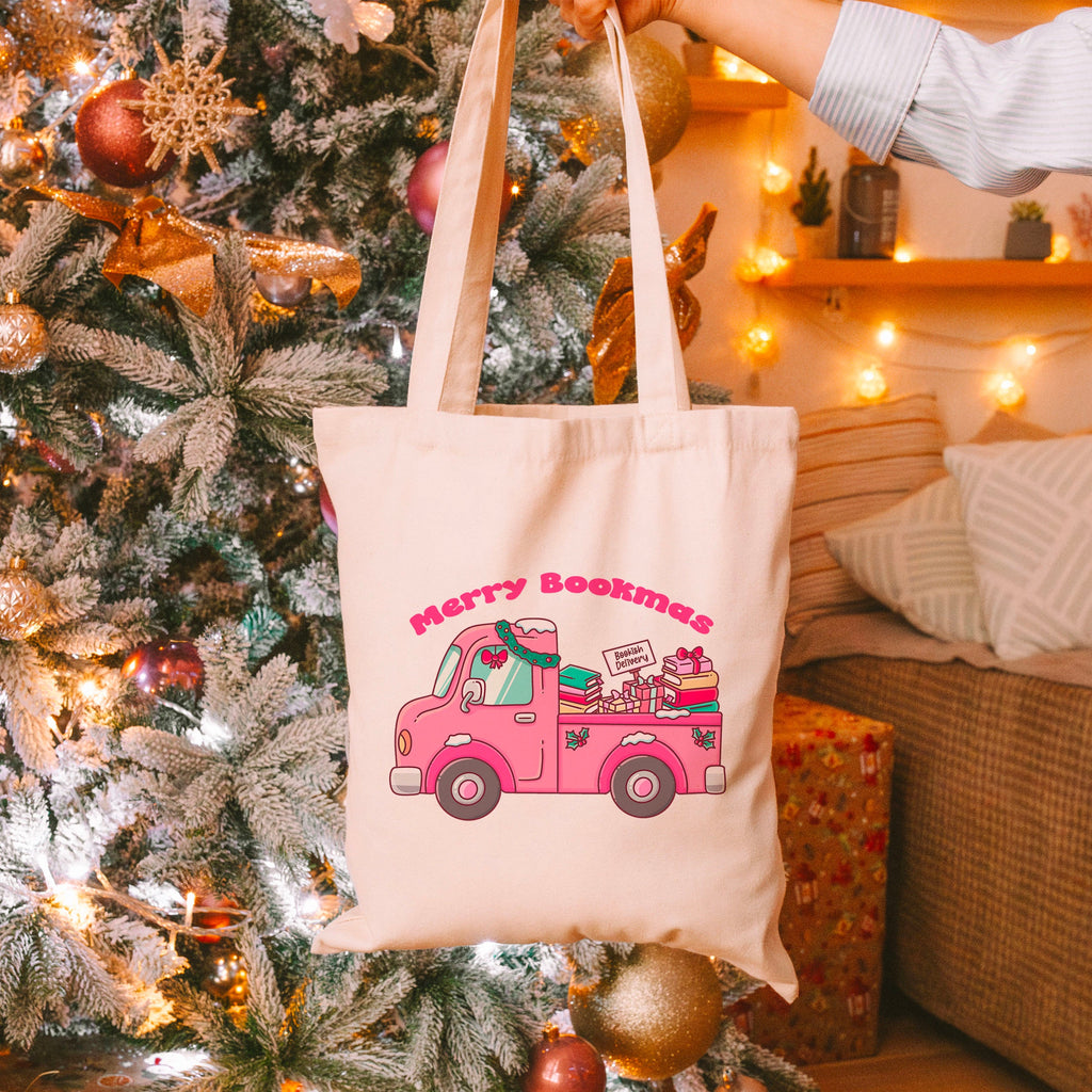 Merry Bookmas Holiday Book Truck canvas tote bag, view 2