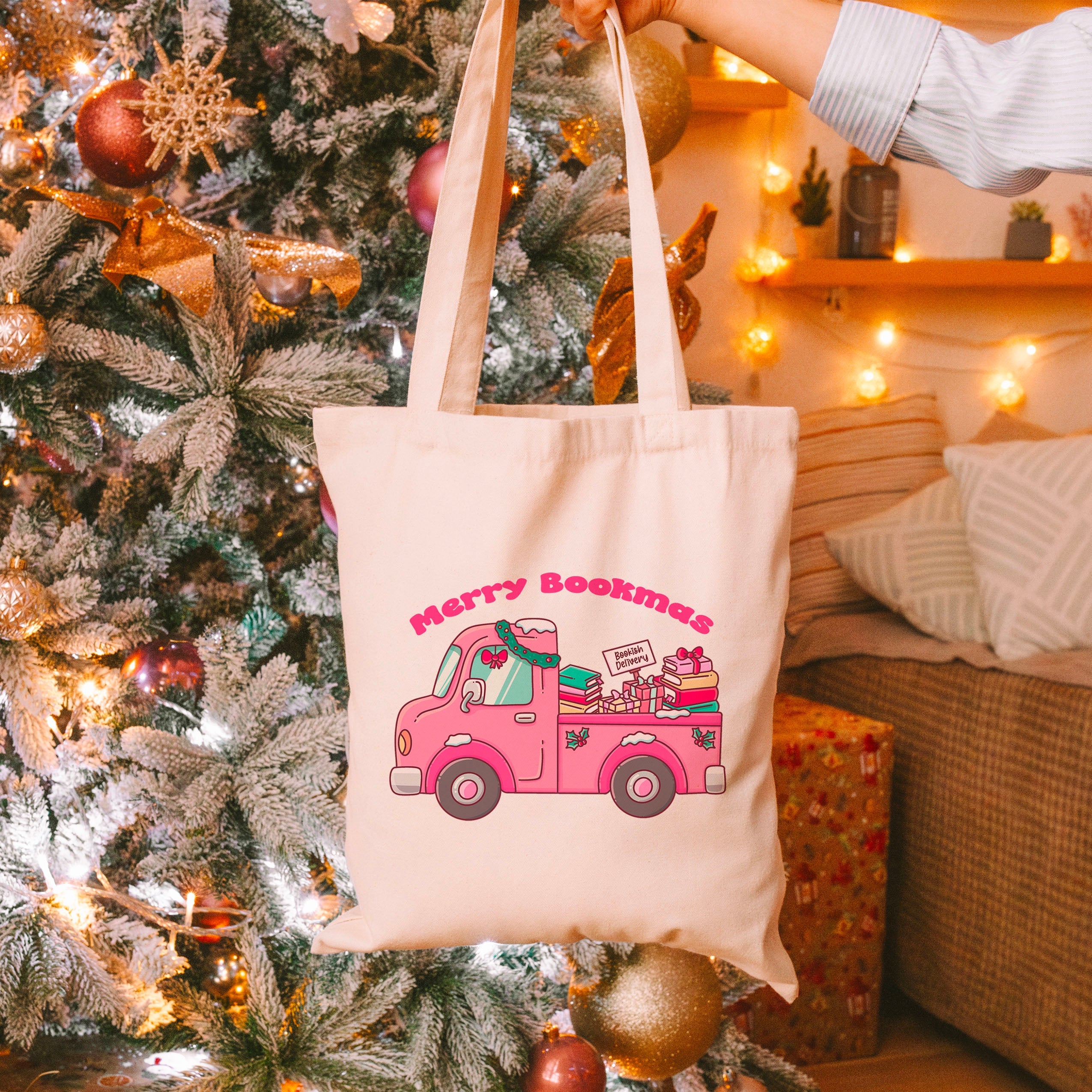 Merry Bookmas Holiday Book Truck canvas tote bag, view 2