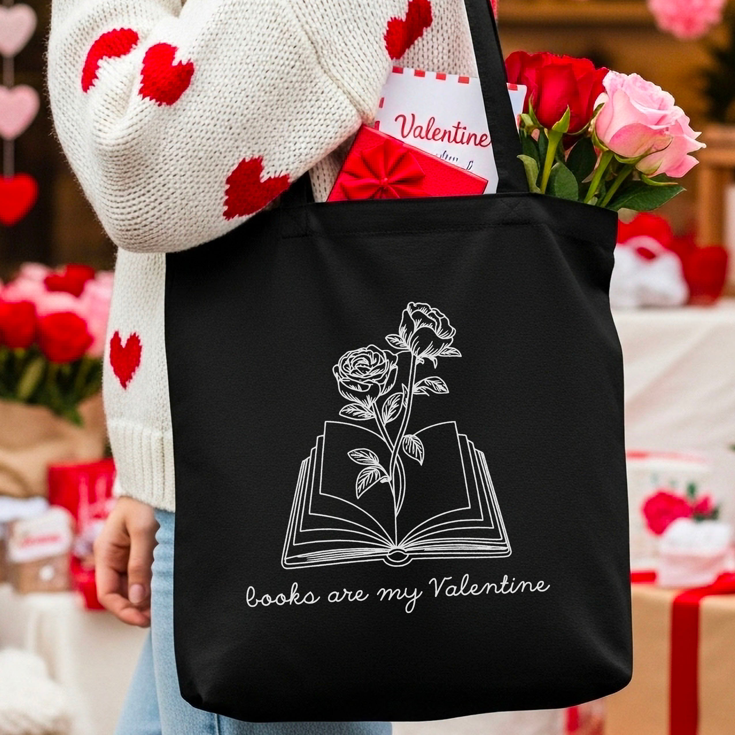 Books Are My Valentine (Floral) canvas tote bag, view 4