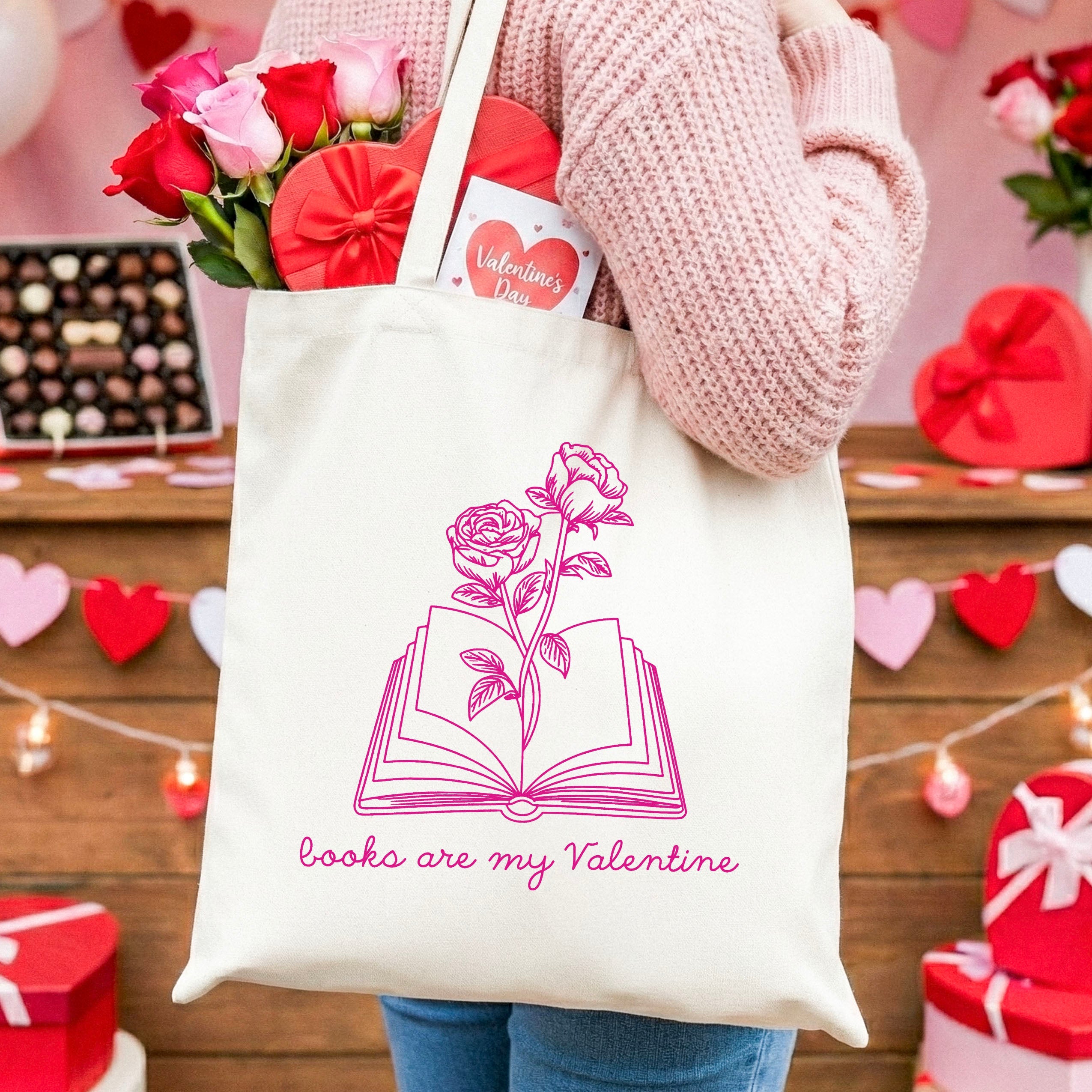 Books Are My Valentine (Floral) canvas tote bag, view 2