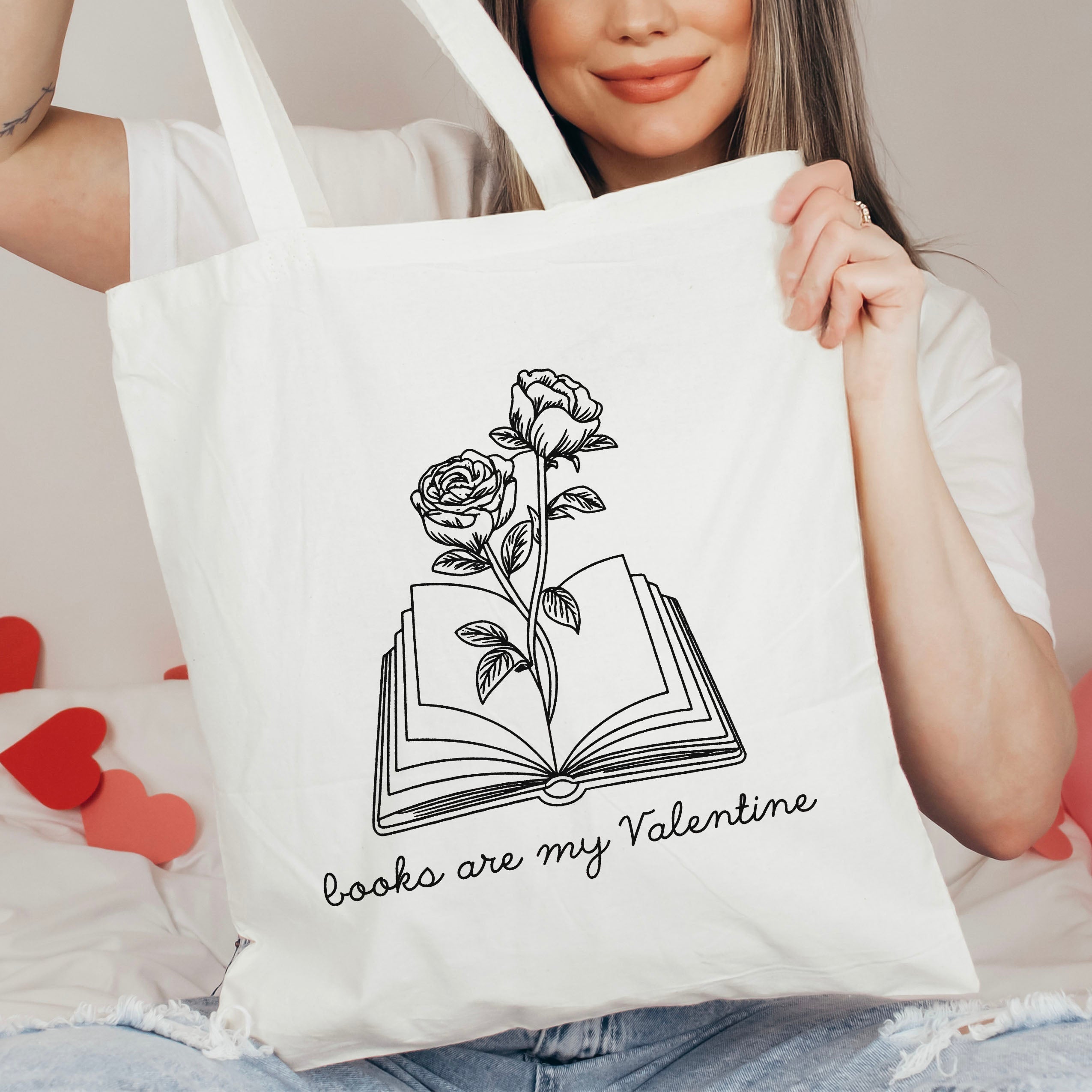 Books Are My Valentine (Floral) canvas tote bag, view 3