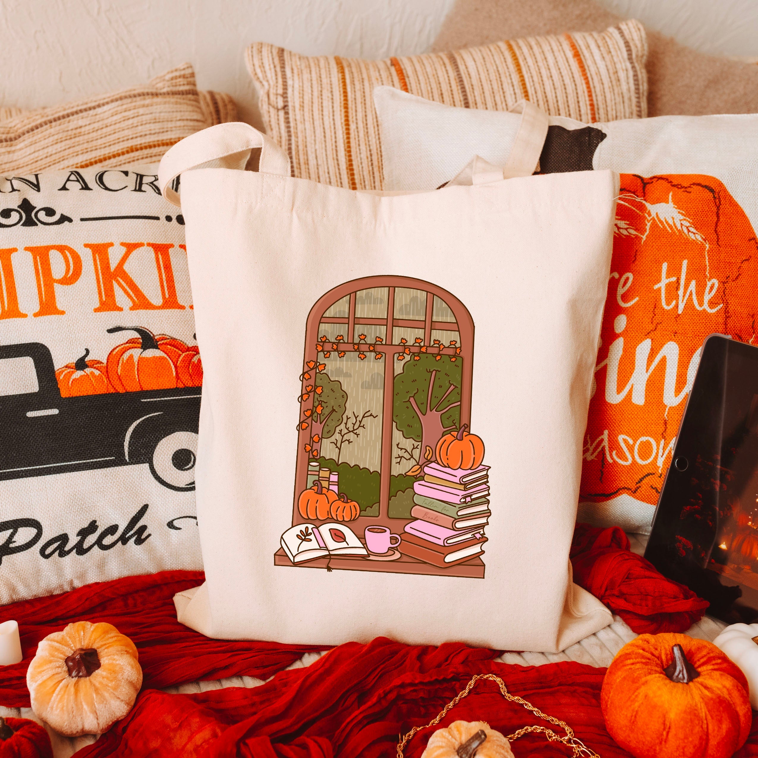 Cozy Autumn Reading Nook canvas tote bag, view 2