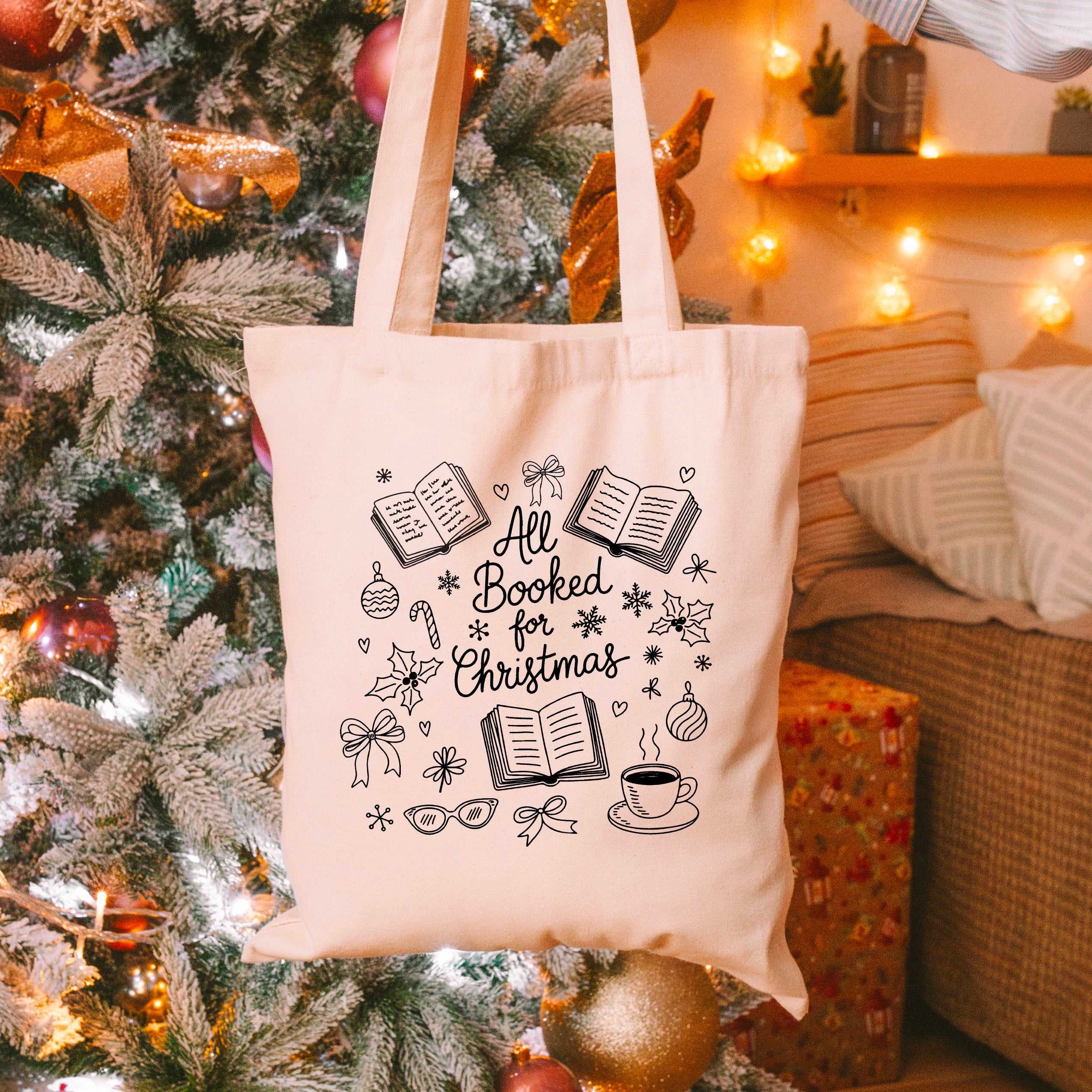 All Booked for Christmas canvas tote bag, view 2