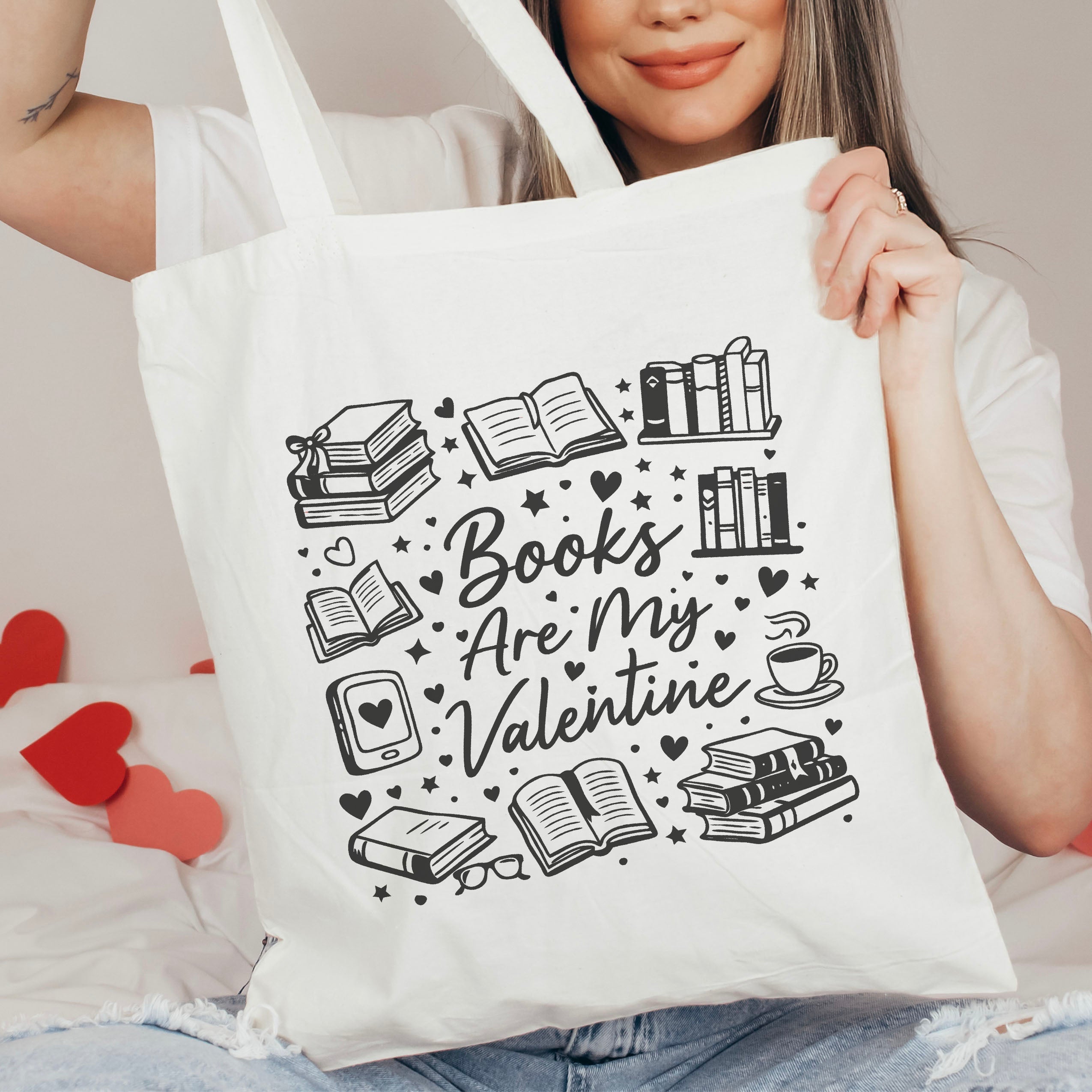Books Are My Valentine (Graphic) canvas tote bag, view 4
