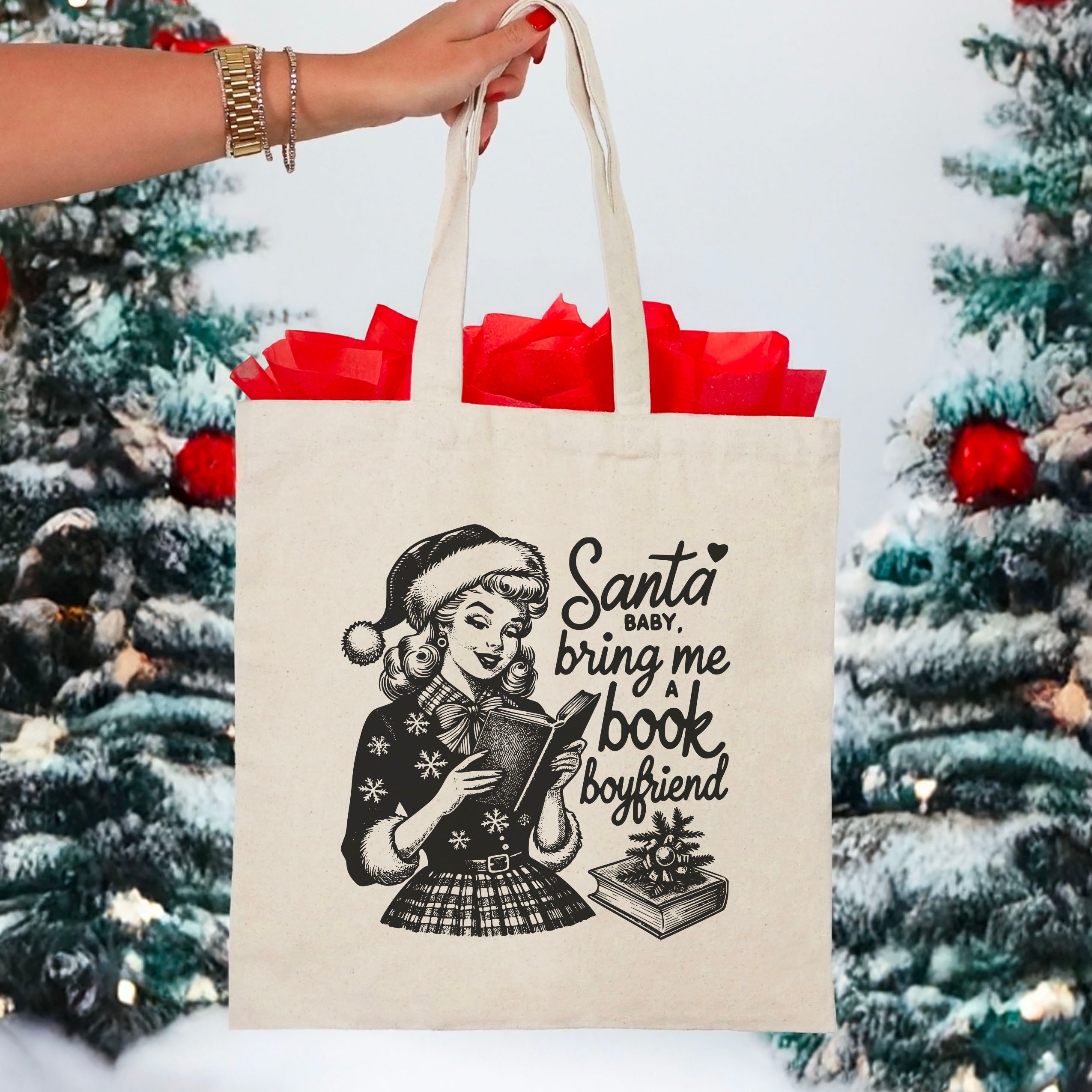 Santa Baby Bring Me A Book Boyfriend canvas tote bag
