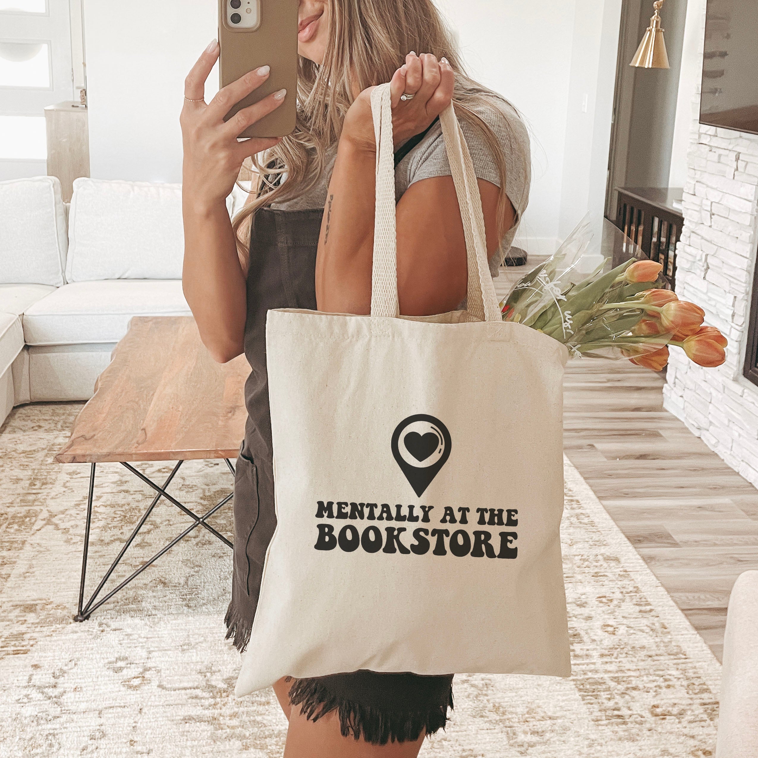 Mentally at the Bookstore canvas tote bag