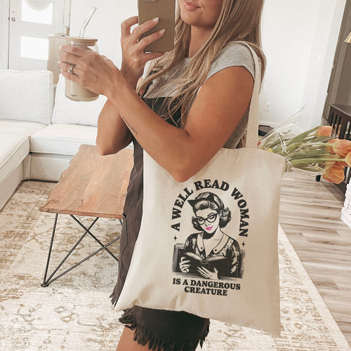 A Well Read Woman Is a Dangerous Creature canvas tote bag, view 2