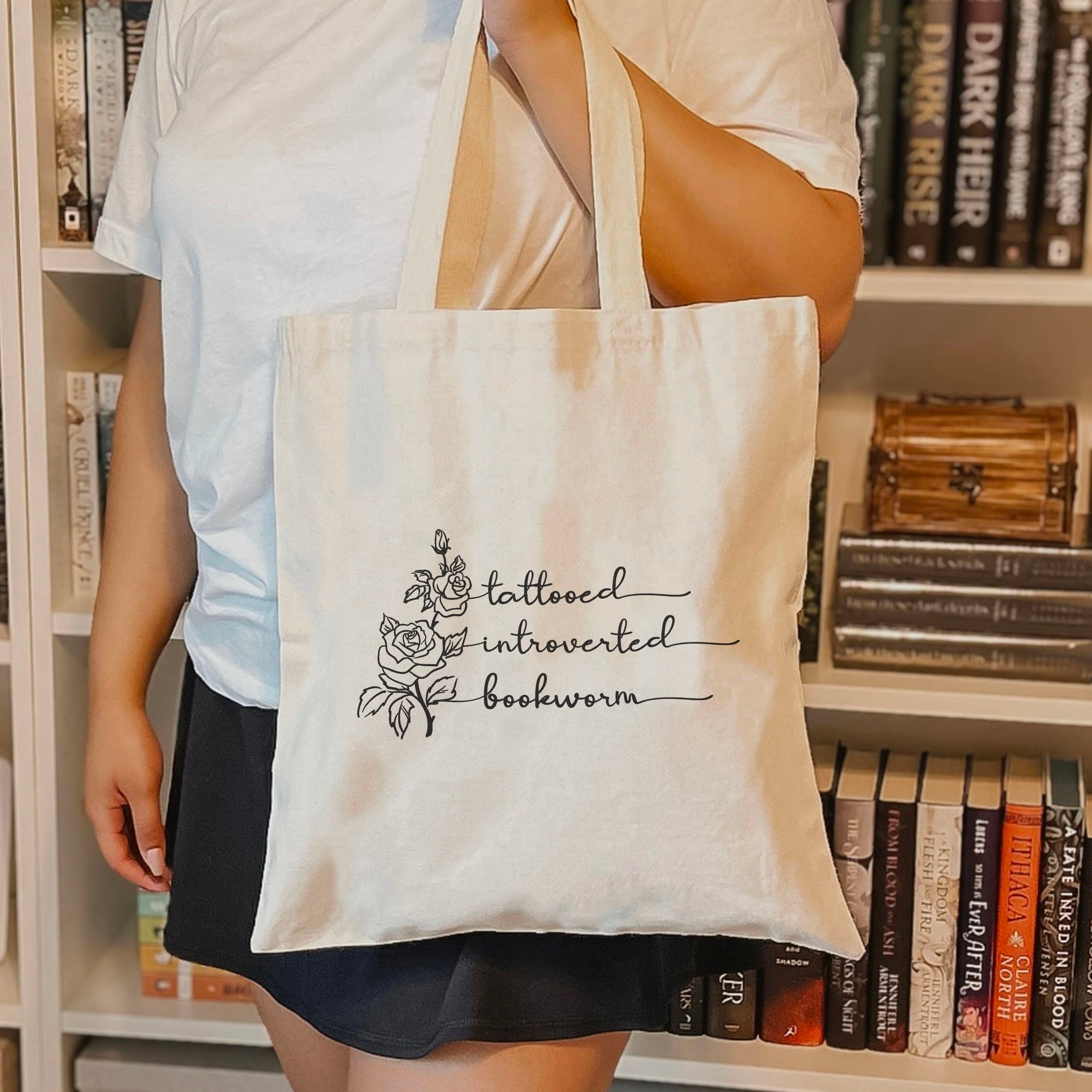 Tattooed Introverted Bookworm canvas tote bag, view 2
