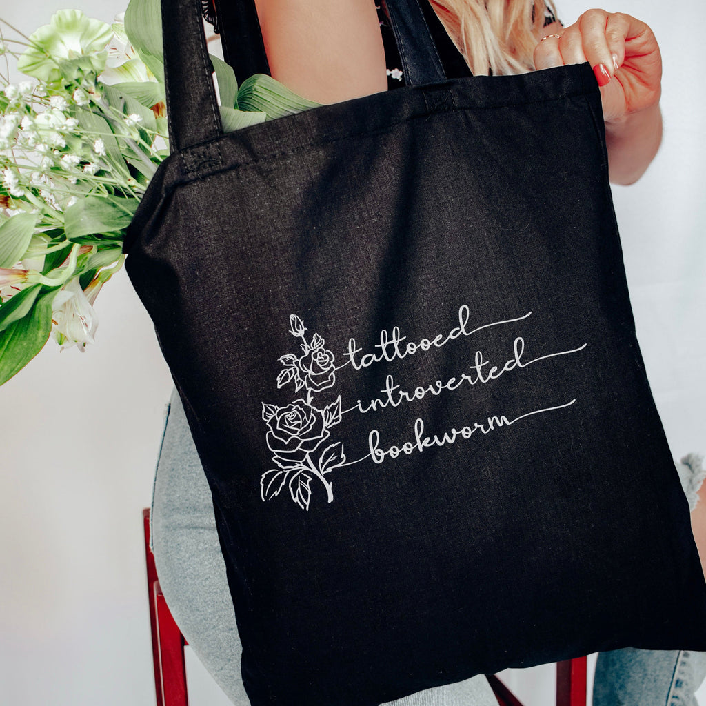 Tattooed Introverted Bookworm canvas tote bag, view 3
