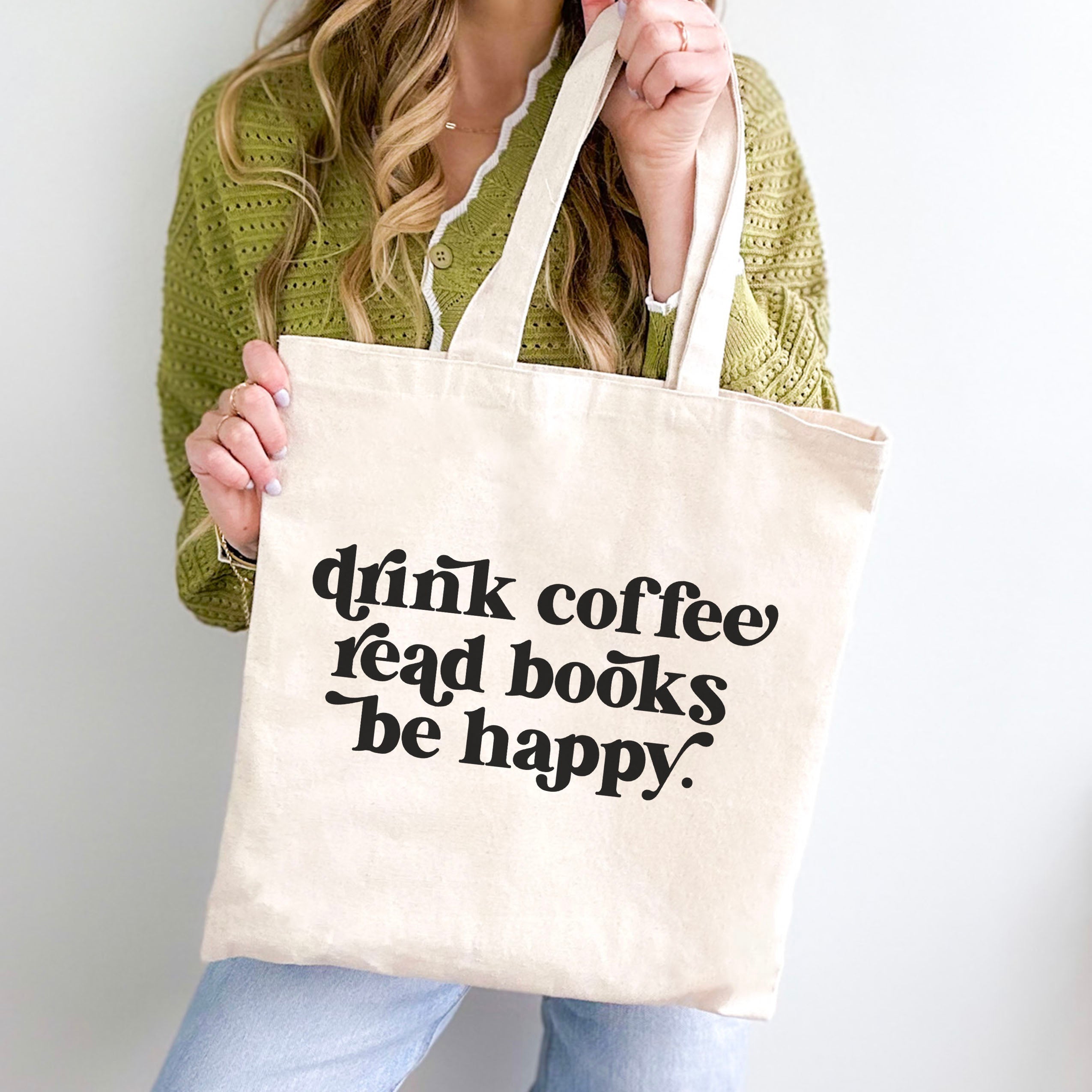 Drink Coffee Read Books Be Happy canvas tote bag, view 2