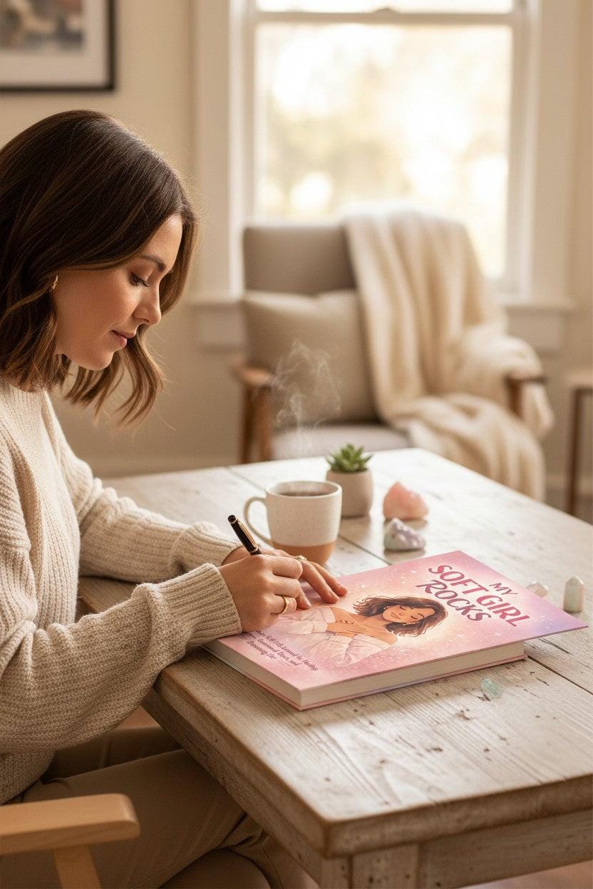 My Soft Girl Rocks journal cover featuring a woman with eyes closed, hands on her chest, in a soft pink and white aesthetic. Thrive Collective Publishing.