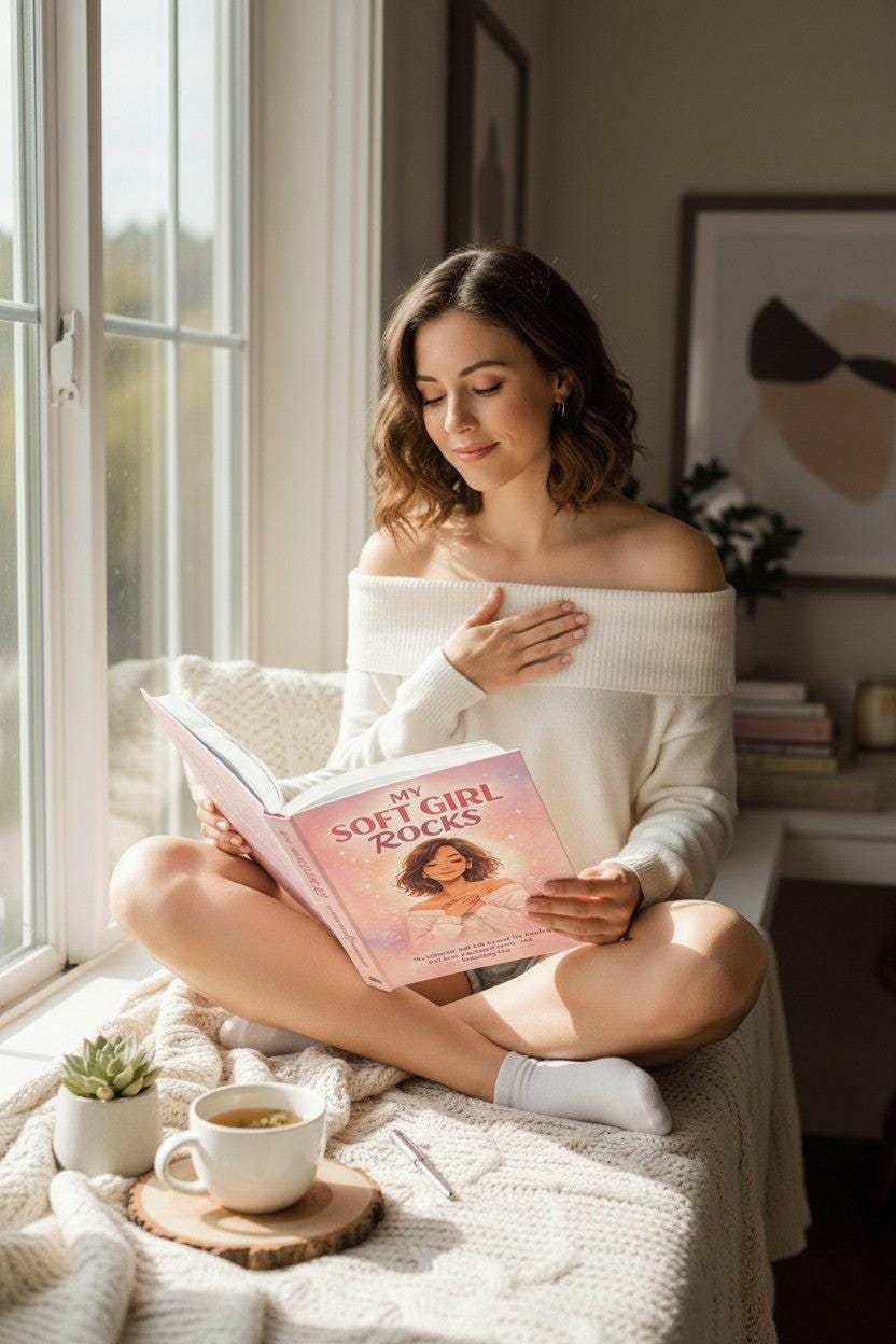 My Soft Girl Rocks journal cover featuring a woman with eyes closed, hands on her chest, in a soft pink and white aesthetic. Thrive Collective Publishing.