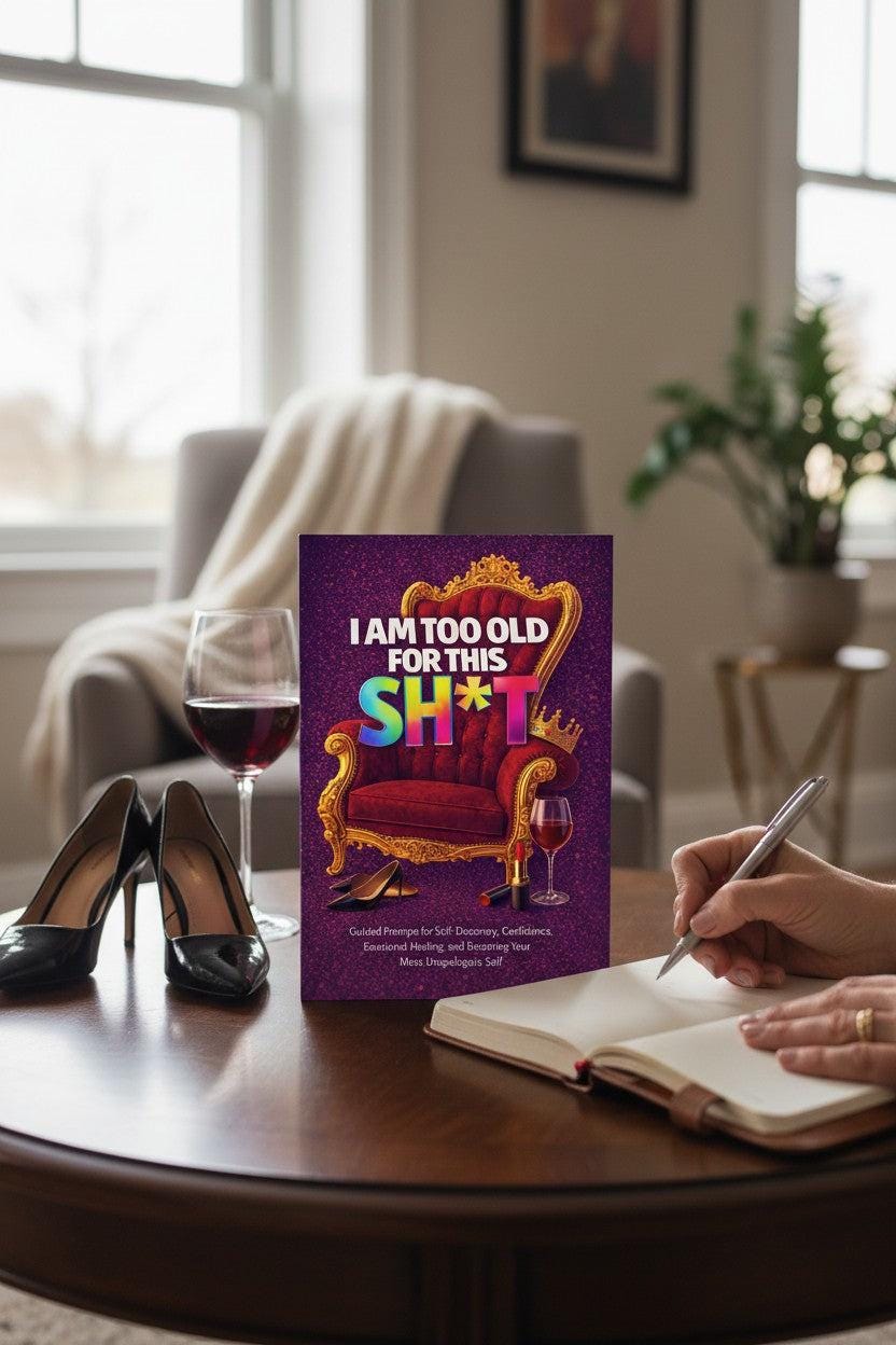 Thrive Collective Publishing's 'I Am Too Old for This Sht' guided journal cover featuring a red velvet throne, crown, lipstick, wine glass, and heels.