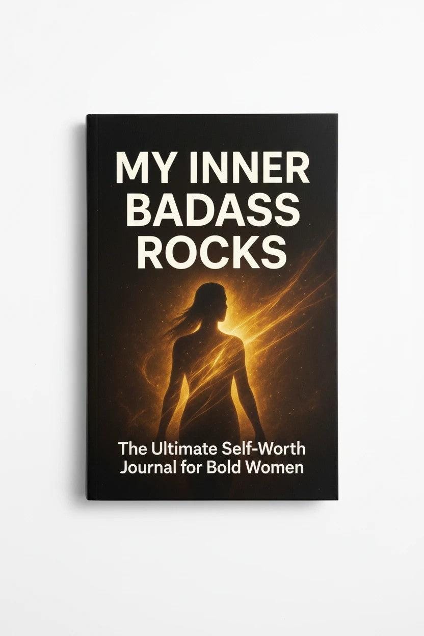 Thrive Collective Publishing My Inner Badass Rocks journal cover with bold white text and a glowing silhouette of a woman.