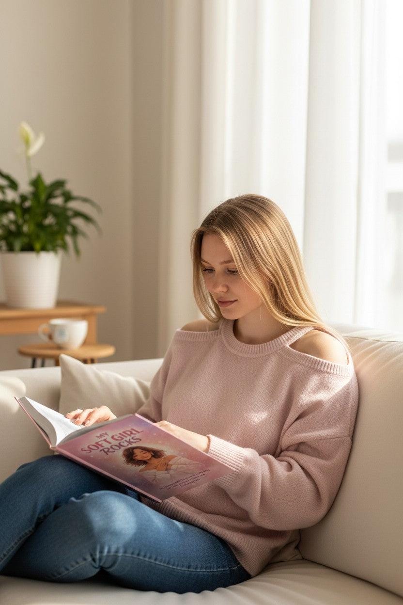 My Soft Girl Rocks journal cover featuring a woman with eyes closed, hands on her chest, in a soft pink and white aesthetic. Thrive Collective Publishing.