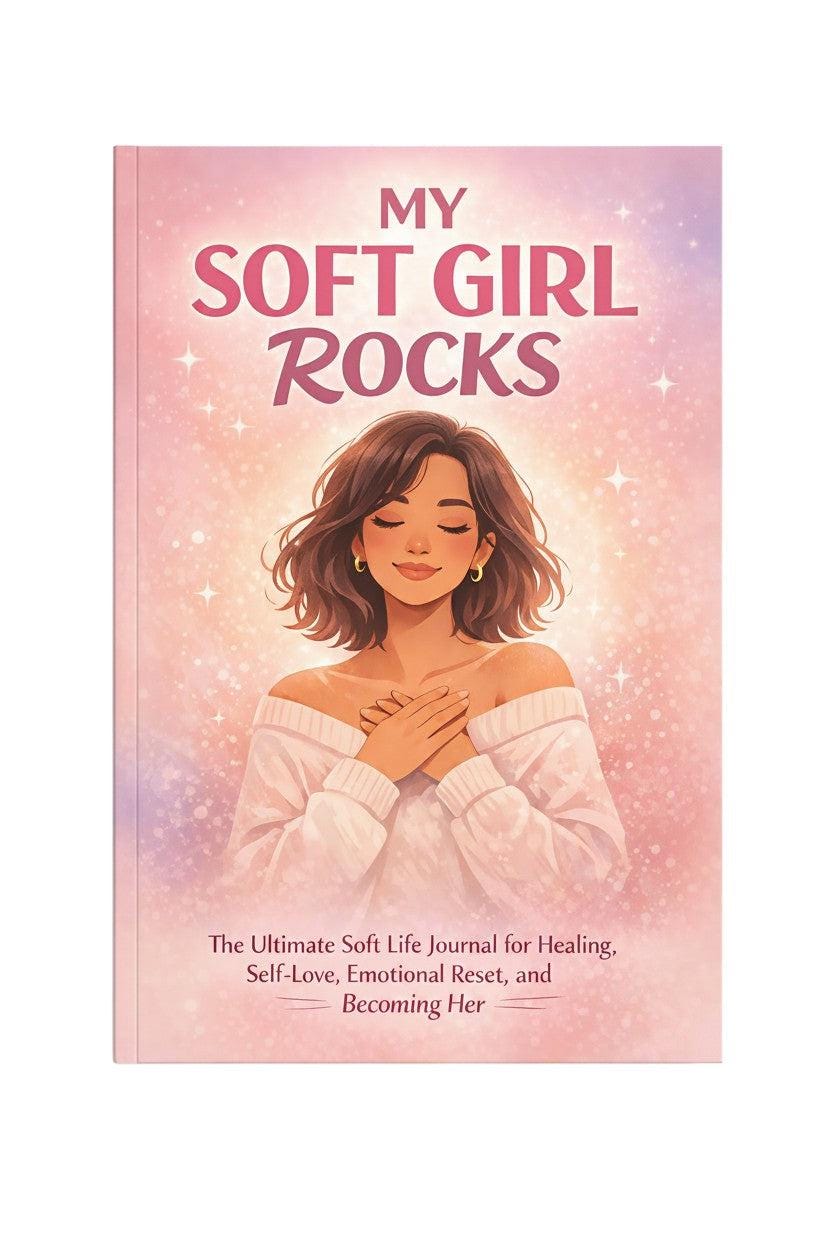 My Soft Girl Rocks journal cover featuring a woman with eyes closed, hands on her chest, in a soft pink and white aesthetic. Thrive Collective Publishing.