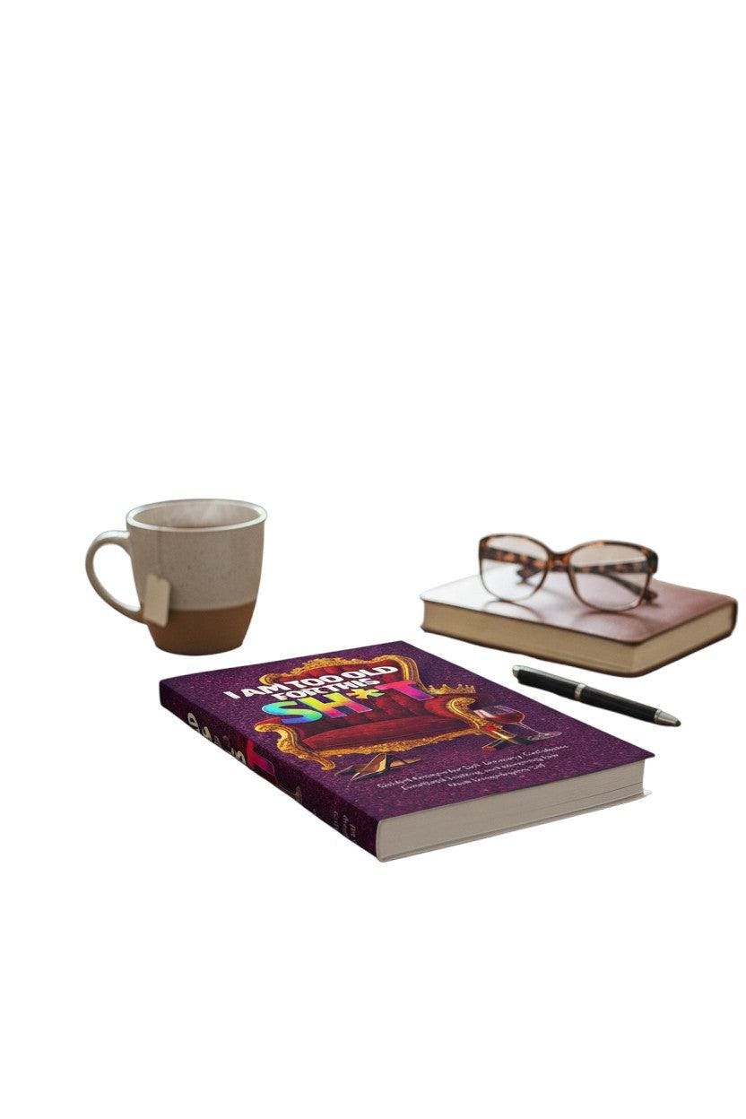 Thrive Collective Publishing's 'I Am Too Old for This Sht' guided journal cover with a red velvet throne, crown, lipstick, wine glass, and heels.