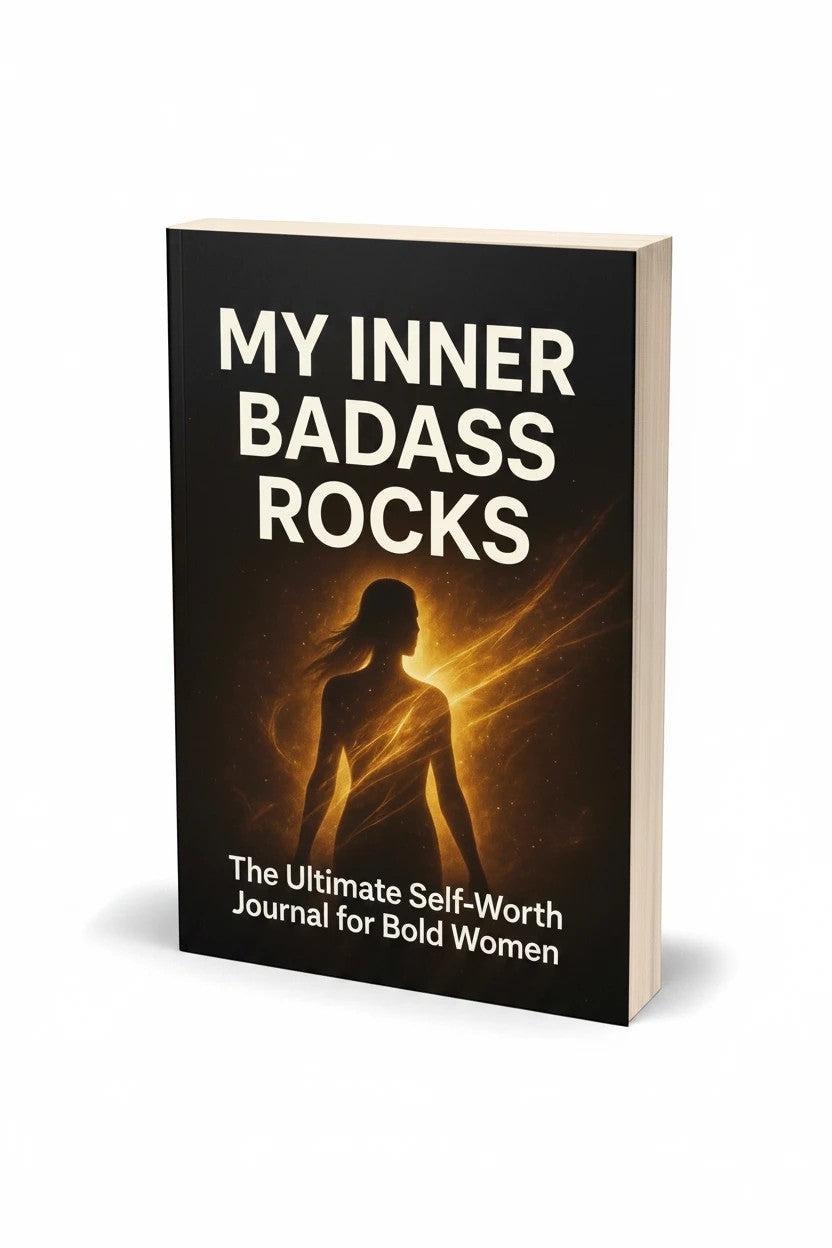 Thrive Collective Publishing My Inner Badass Rocks: The Ultimate Self-Worth Journal for Bold Women, featuring a silhouette of a woman radiating golden light.
