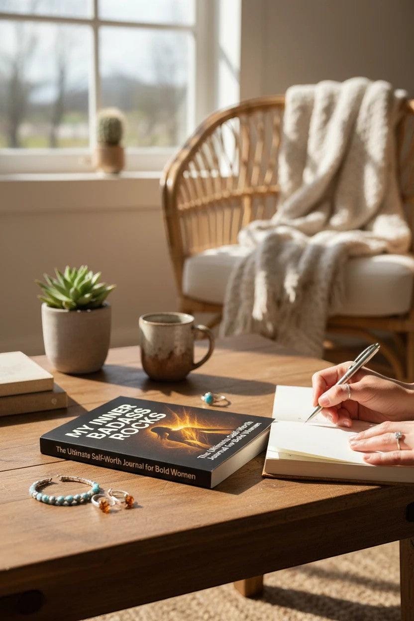 Thrive Collective Publishing My Inner Badass Rocks journal for bold women, featuring prompts for self-worth and empowerment.