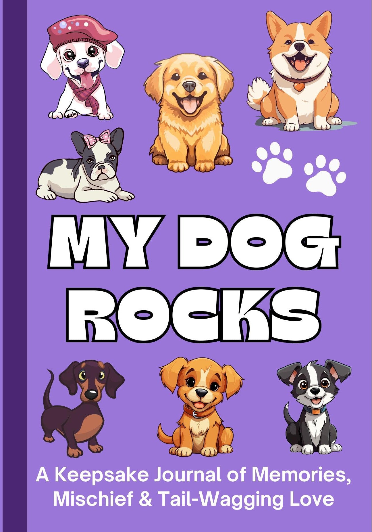 My Dog Rocks guided journal cover, purple background with cartoon dogs, Rocks Journal Series for dog lovers
