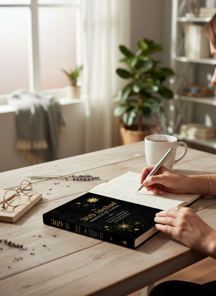 The 369 Method Manifestation Journal: An 8-Week Journey of Discovery, Gratitude, Love and Abundance to Attract The Life You Want. Black cover with gold stars.
