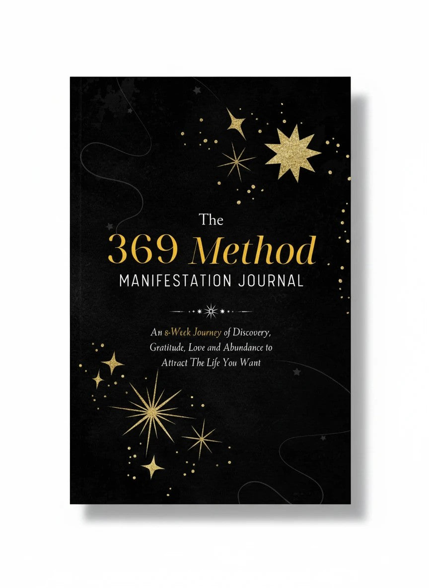Thrive Collective Publishing The 369 Method Manifestation Journal: 8-Week Guided Journey with gold stars on black cover.
