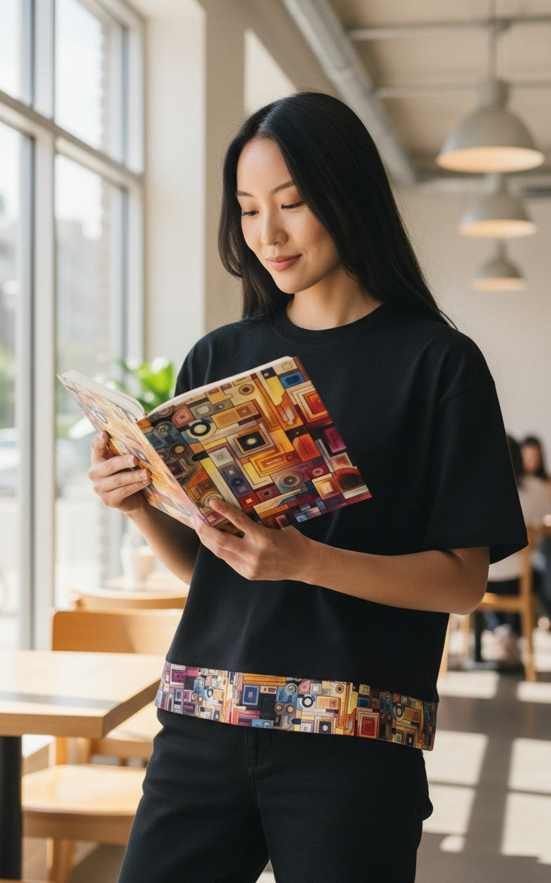 Thrive Collective Publishing Just Write journal with abstract art cover in warm tones and geometric shapes.