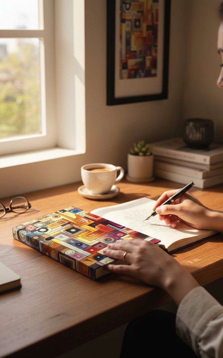 Thrive Collective Publishing Just Write journal with abstract art cover in warm tones and geometric shapes.