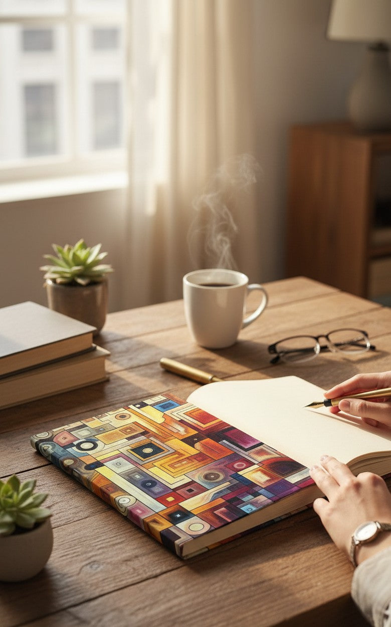 Thrive Collective Publishing Just Write journal with abstract art cover in warm tones and geometric shapes.