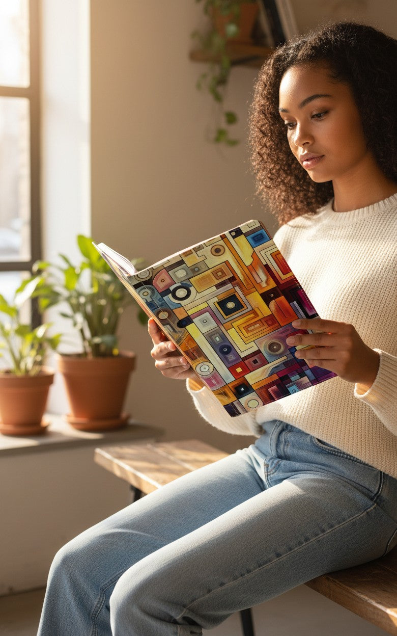 Thrive Collective Publishing Just Write journal with abstract art cover in warm tones and geometric shapes.