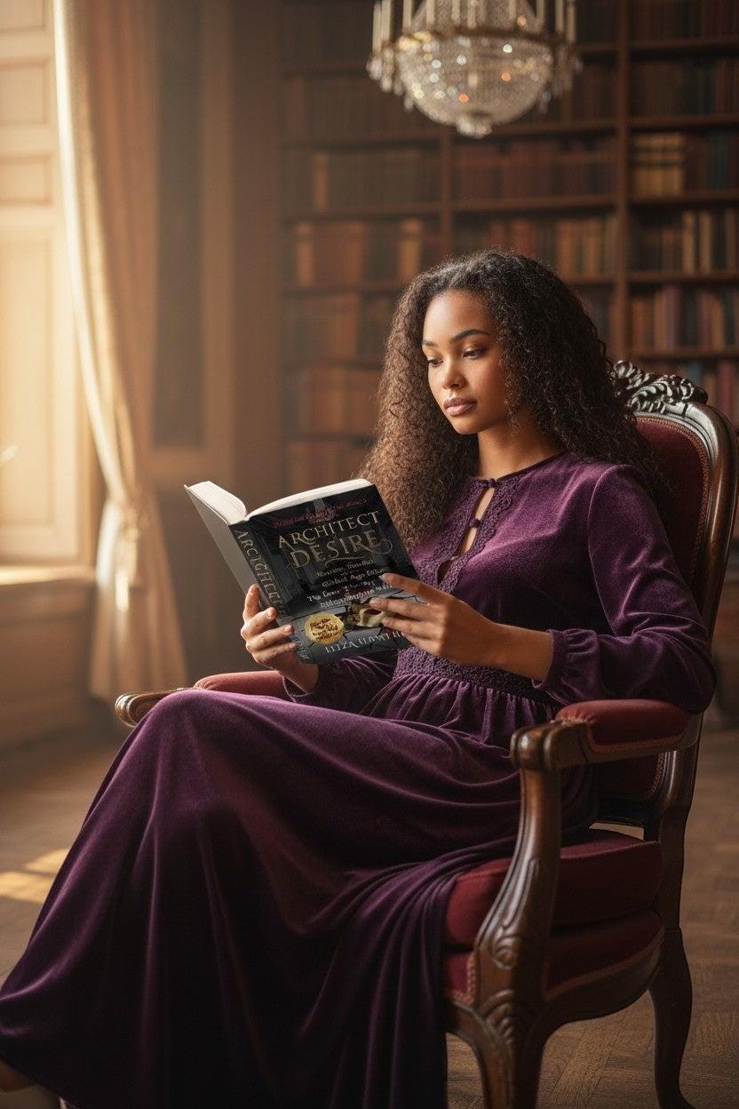 Thrive Collective Publishing's Architect of Desire book cover, featuring a woman in a purple velvet dress reading in a library.